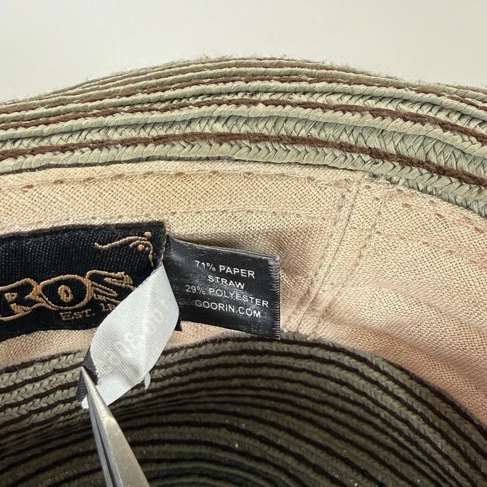 GOORIN BROS Tan Paper Straw Fedora Hat Adult Large Striped Ribbon‎ Brown Blue